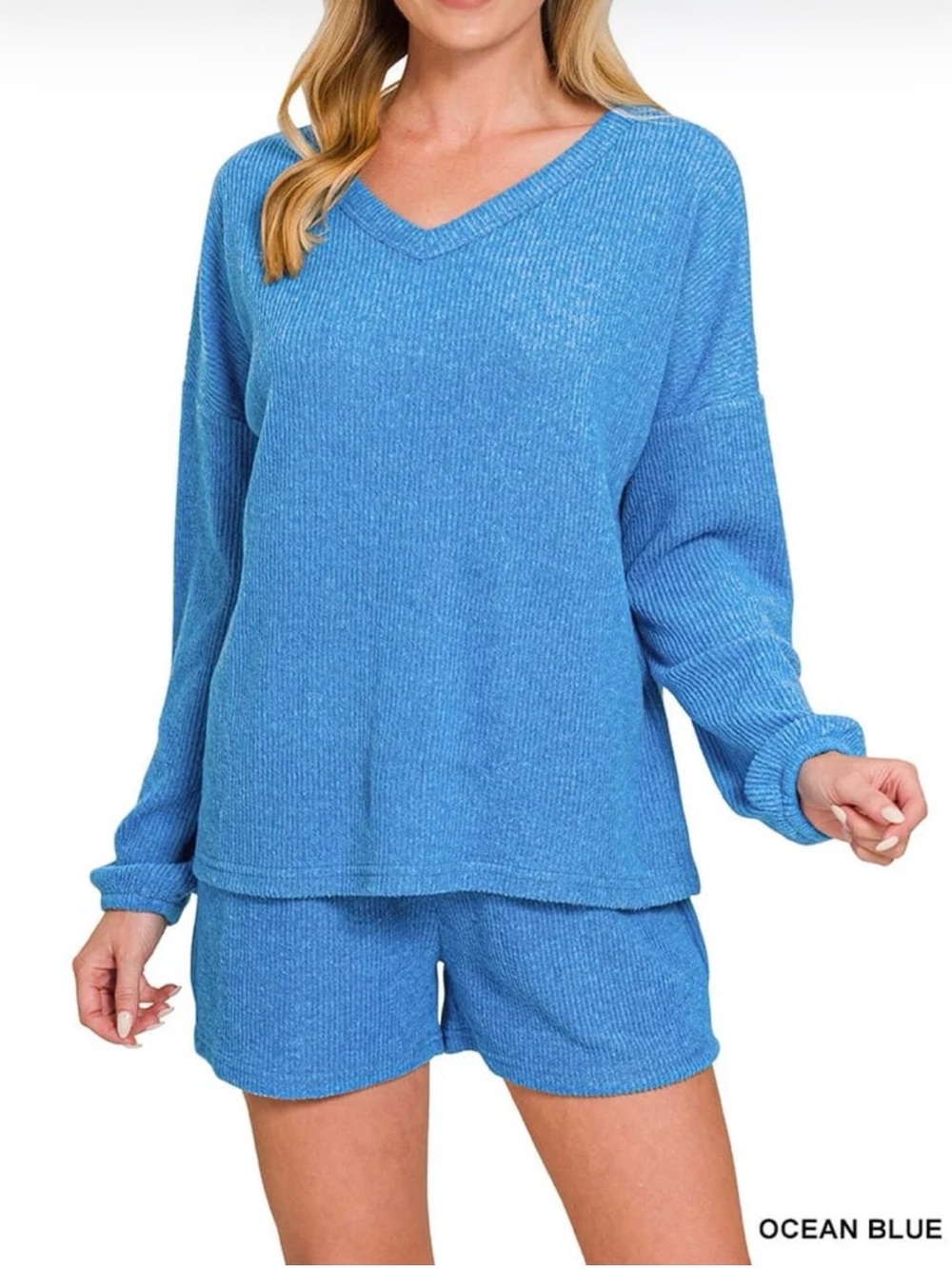 Zenana Ocean Blue V‑Neck Cozy Set